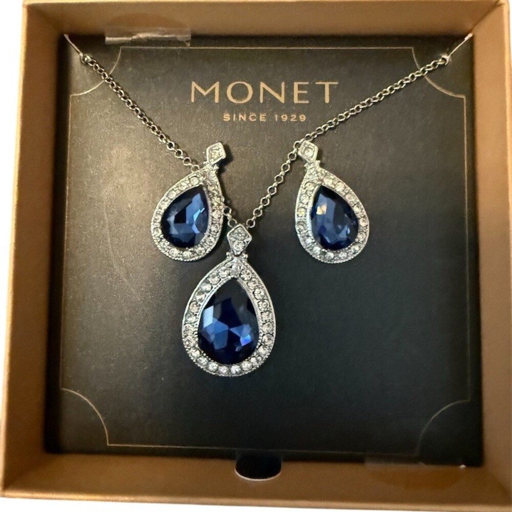 Monet Jewelry Set Blue Teardrop Crystal Necklace Earrings Halo